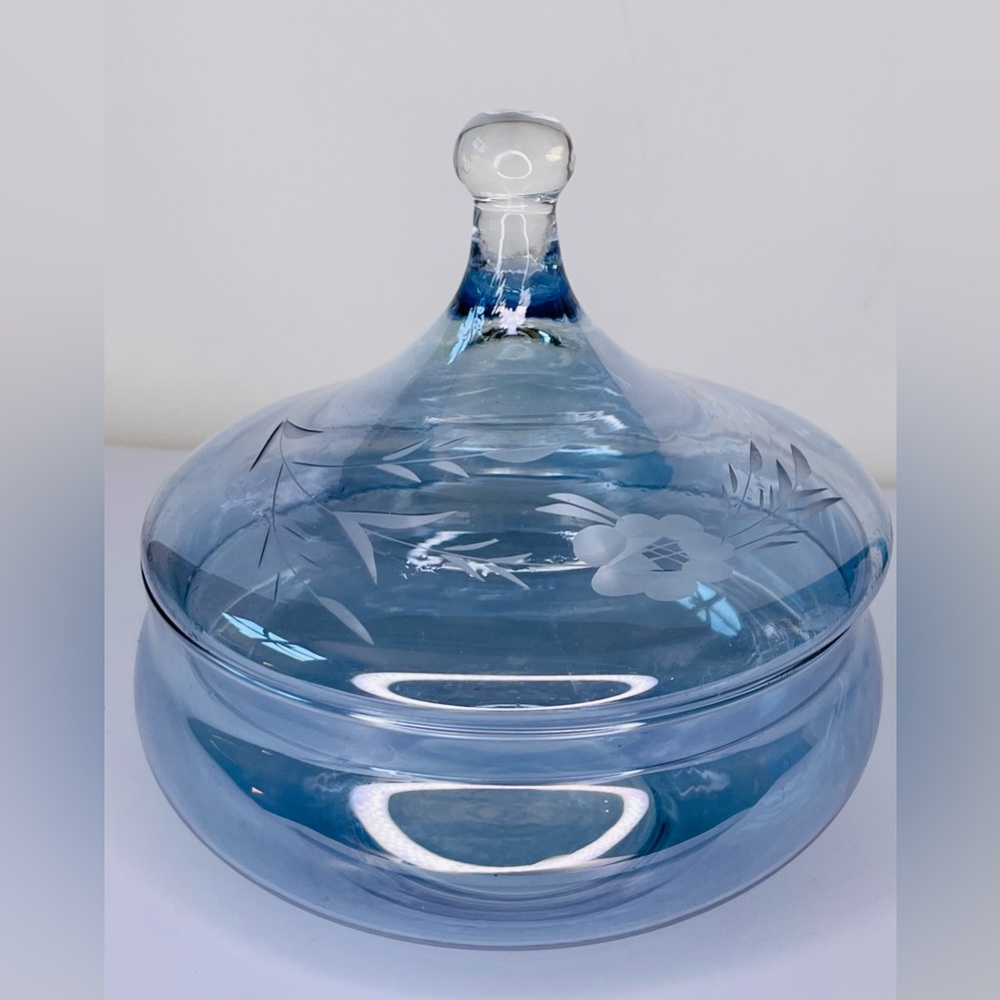 Vintage Empoli Apothecary Jar blue tinted with etched flowers covered candy dish